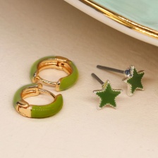 Golden and Green enamel hoop and star earring duo by Peace of Mind